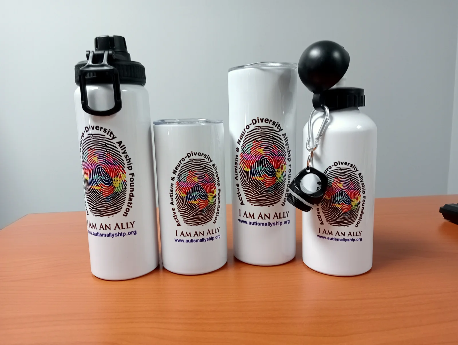 White Autism Allyship flasks and water bottles